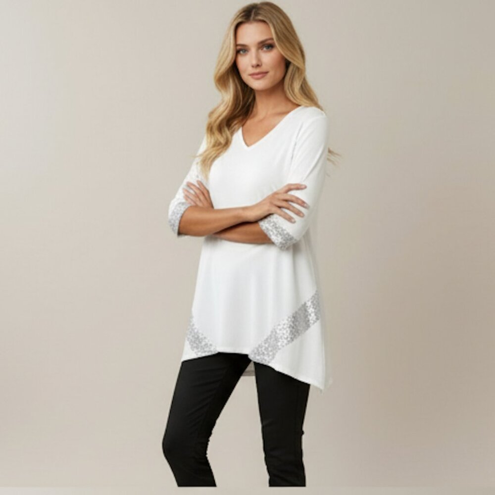 White Sequin Asymmetrical Long Hem Tee